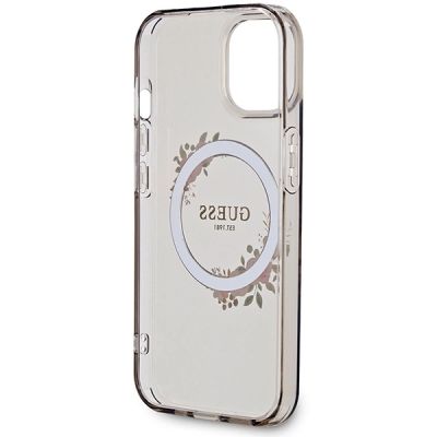 7. Etui Guess IML Flowers Wreath MagSafe na iPhone 15 / 14 / 13 - czarne
