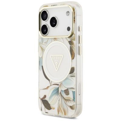 2. Etui Guess IML Glitter Flowers Triangle MagSafe na iPhone 18 Pro Max / 17 Pro Max - białe