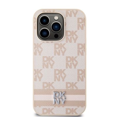 3. Etui DKNY Leather Checkered Mono Pattern & Printed Stripes na iPhone 14 Pro - różowe