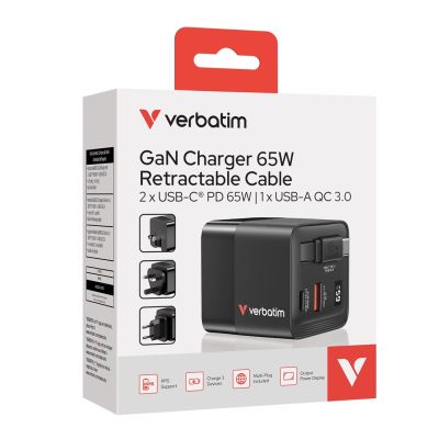 10. ładowarka Verbatim Gan 65W 2xUSB-C PD,1xUSB-A, retrac. Przewód 32217