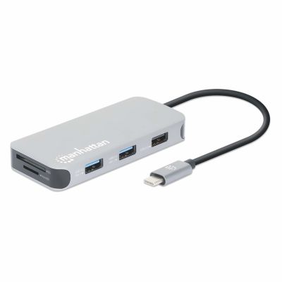 Stacja dokująca MANHATTAN USB-C 8 w 1 z zasilaniem USB 3.2 Gen 1 Type-C męski na żeński HDMI, trzy porty USB-A, gigabitowy port RJ45, port USB-C Power Delivery, czytnik kart SD/MicroSD, aluminium, gwiezdna szarość (13061)