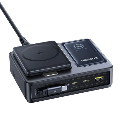 4. Stacja ładująca Baseus NOMOS 140W Qi2 5w1 bezprzewodowa ze zwijanym kablem USB-C i wyświetlaczem cyfrowym - czarna
