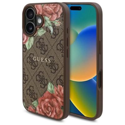 Etui Guess 4G Flowers Print MagSafe na iPhone 16 6.1" - brązowe