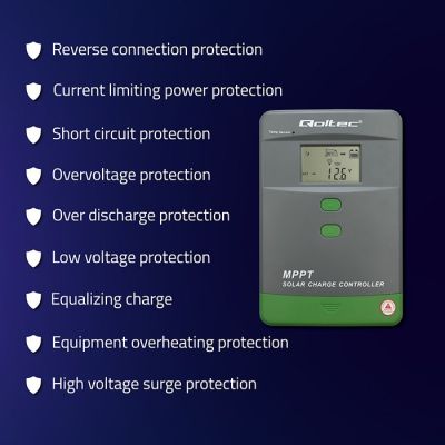 5. Solarny regulator ładowania MPPT Qoltec 53664 z czujnikiem temperatury 50A |12V / 24V | LCD | Bluetooth | APP | GEL | LiFePO4