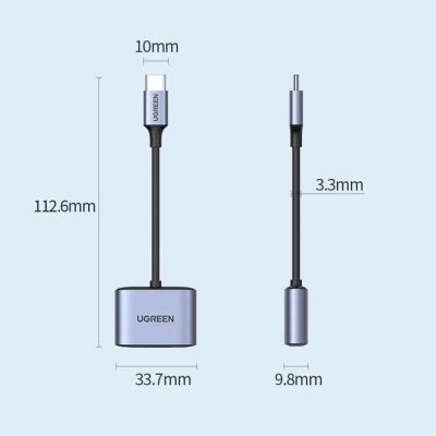 19. Ugreen adapter audio przejściówka USB Typ C (męski) - USB Typ C PD QC (żeński) + mini jack 3,5mm (żeński) szary (CM231)