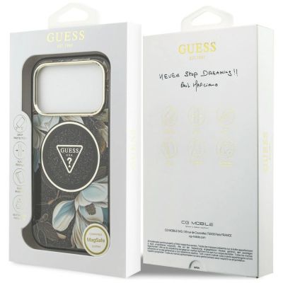 8. Etui Guess IML Glitter Flowers Triangle MagSafe na iPhone 18 Pro Max / 17 Pro Max - czarne