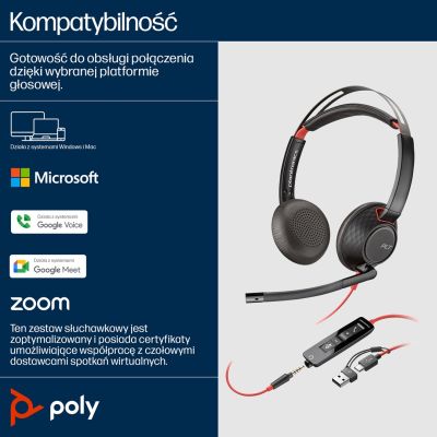 166. Słuchawki Poly Blackwire 5220 Stereo USB-C Headset +3.5mm Plug +USB-C/A Adapter 8X231AA