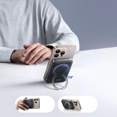 7. Powerbank Joyroom JR-PBM12 10000mAh 22.5W kompatybilny z MagSafe, ładowanie bezprzewodowe 15W, z podstawką w kształcie pierścienia - czarny