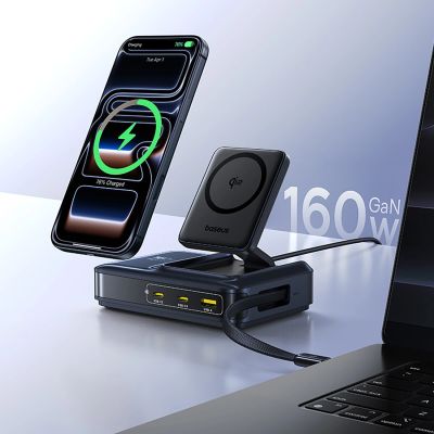 13. Stacja ładująca Baseus Nomos NH21 Qi2 160W 5w1 bezprzewodowa ze zwijanym kablem - czarna
