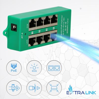 13. Extralink Gigabit PoE Injector 4 Portowy Aktywny, 4 porty Gigabit 802.3at/af, Mode A