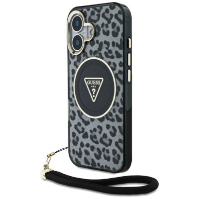 Etui Guess HC IML Leopard Triangle Cord Strap MagSafe do iPhone 16 - czarne