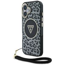 Etui Guess HC IML Leopard Triangle Cord Strap MagSafe do iPhone 16 - czarne