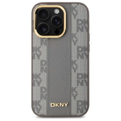 3. Etui DKNY Leather Checkered Mono Pattern MagSafe na iPhone 14 Pro - beżowe