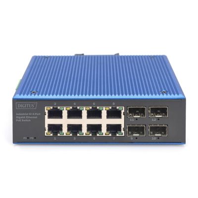 7. Przełącznik przemysłowy 8+4-Port Gigabit Ethernet PoE z 8x GE RJ45 i 2 SFP+ Portami, PoE