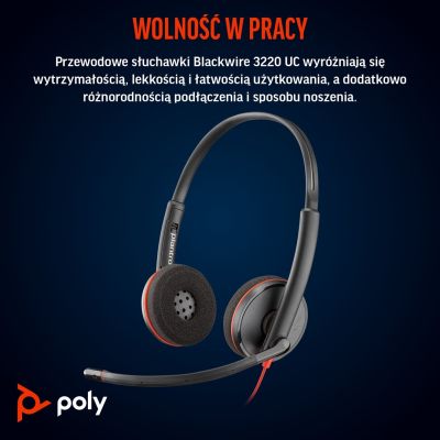 75. Słuchawki Poly Blackwire 3220 Stereo USB-C Black Headset +USB-C/A Adapter (Bulk) 8X2J9A6