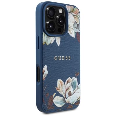 4. Etui Guess Grained Printed Flower Pattern MagSafe do iPhone 16 Pro niebieski