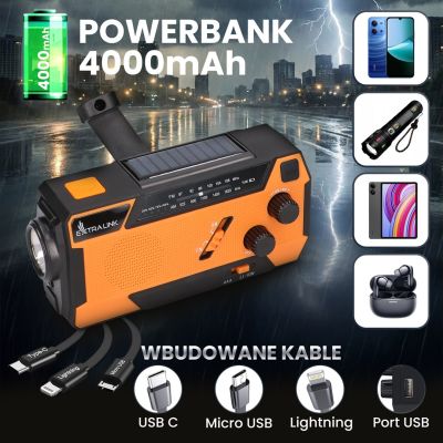 39. Extralink RADIO AWARYJNE SOLARNE Z KORBKA DYNAMO POWERBANK 4000MAH Z LATARKA SOS SR-4000 Przenośny Analogowy Czarny, Pomarańczowy