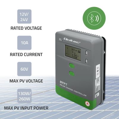 3. Qoltec Solarny regulator ładowania MPPT z czujnikiem temperatury 10A |12V / 24V | LCD | 2 x USB | Bluetooth | APP | GEL | LiFePO4
