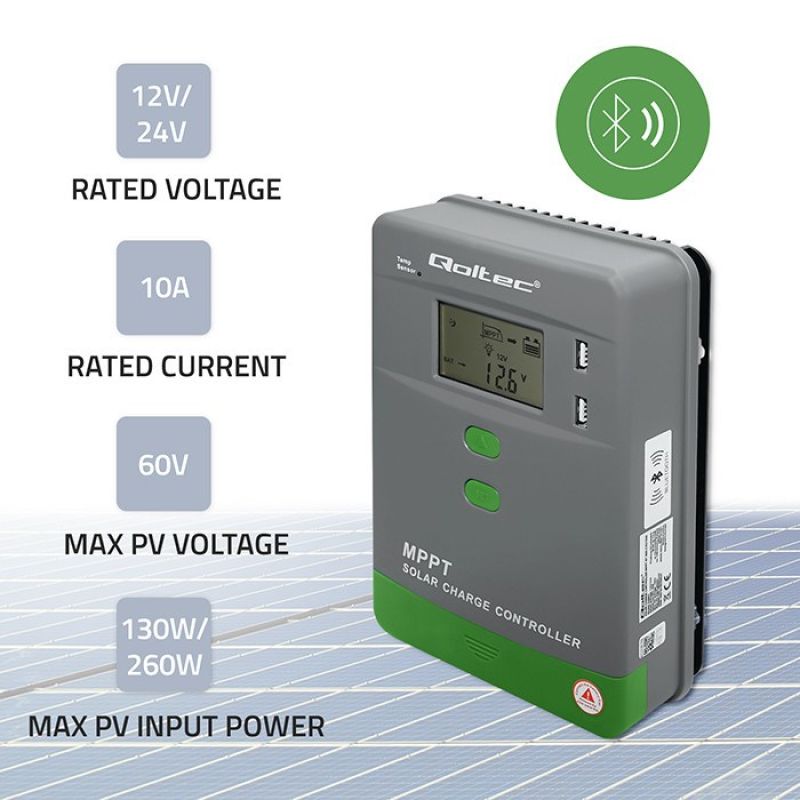 3. Qoltec Solarny regulator ładowania MPPT z czujnikiem temperatury 10A |12V / 24V | LCD | 2 x USB | Bluetooth | APP | GEL | LiFePO4
