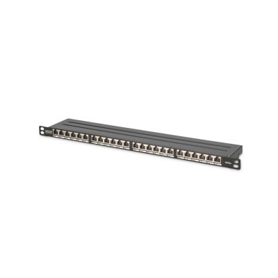 Panel krosowy high density 19'' 24x RJ45, LSA poziom, kat.6A, ekranowany, 0.5U, czarny, prowadnica kabli