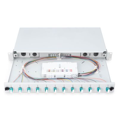 16. Panel krosowy FO z wyposażeniem 19'' 1U, 12x LC dx, OM3, pigtaile, adaptery, tacki, wysuwany, szary