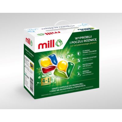 2. Zestaw środków do pralek Mill – kapsułki 2×30 szt. + perfumy do tkanin 750 ml + płyn do pralek 300 ml