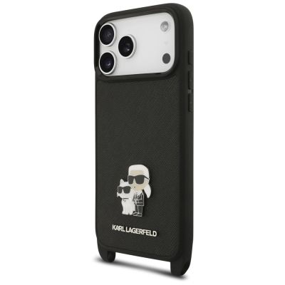 3. Etui Karl Lagerfeld Saffiano Karl&Choupette Metal Pin CBDY Strap na iPhone 18 Pro / 17 Pro - czarne