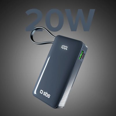 4. Powerbank SBS 10000 mAh 20W z wbudowanym kablem USB-C i wyświetlaczem cyfrowym - ciemnoszary