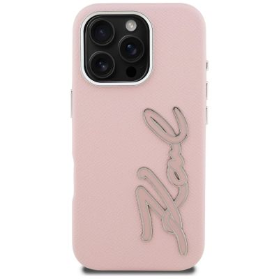 3. Etui Karl Lagerfeld FW Grained Signature Logo na iPhone 16 Pro - różowe