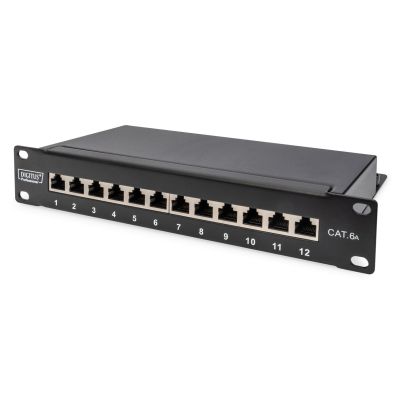2. Digitus Panel krosowy (patch panel) 10'' 12x RJ45, LSA poziom, kat.6A, ekranowany, 1U, czarny, prowadnica kabli
