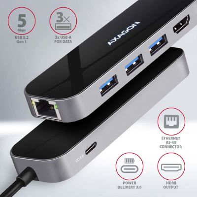 4. Axagon HMC-6GL stacja dokująca USB 3.2 Gen 1 (3.1 Gen 1) Type-C Czarny, Szary