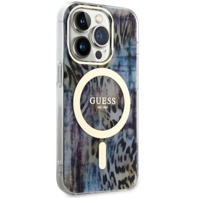 4. Etui Guess Leopard MagSafe na iPhone 14 Pro - niebieskie
