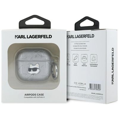 3. Etui Karl Lagerfeld Monogram Choupette Head na AirPods 4 - srebrne