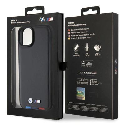 8. Etui BMW Leather Stamp Tricolor do iPhone 15 Plus - czarne