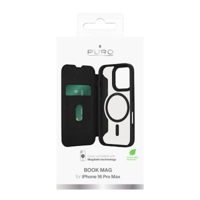 8. Etui skórzane Puro Book Mag MagSafe z klapką i schowkiem na karty do iPhone 16 Pro Max - czarne