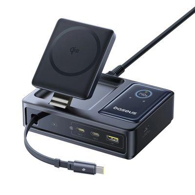 2. Stacja ładująca Baseus NOMOS 140W Qi2 5w1 bezprzewodowa ze zwijanym kablem USB-C i wyświetlaczem cyfrowym - czarna