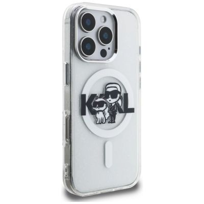 4. Etui Karl Lagerfeld IML Glitter Karl & Choupette Sketch Logo MagSafe na iPhone 16 Pro - przezroczyste