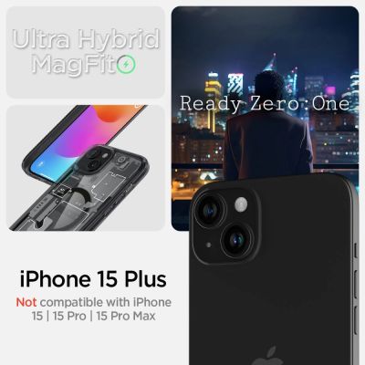 9. Etui Spigen Ultra Hybrid Mag z MagSafe na iPhone 15 Plus - ciemnoszare (wzór Zero One)