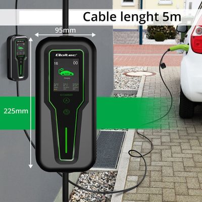 9. Qoltec 52467 Mobilna ładowarka do samochodu elektrycznego EV z regulacją 2w1 Typ2 | 11kW | 3 Fazy | CEE 5 PIN| LCD |Przenośna | Wallbox | 5m