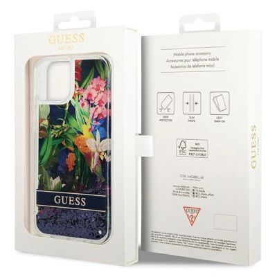 8. Etui Guess Flower Liquid Glitter na iPhone 14 - niebieskie