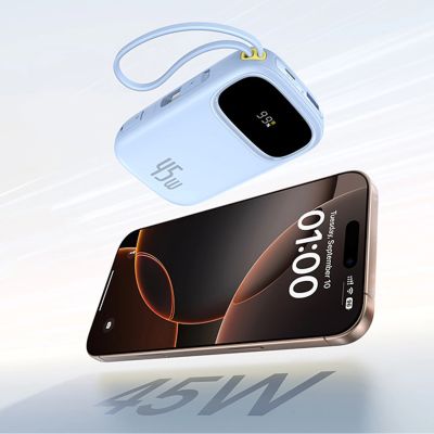 7. Powerbank Baseus EnerFill FC31 20000mAh 45W z wyświetlaczem z kablami USB-C i Lightning - niebieski