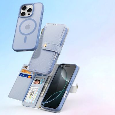 3. Etui skórzane Dux Ducis Lawa na iPhone 16 Pro z odłączanym portfelem magnetycznym - błękitne