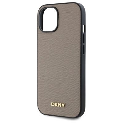 6. Etui DKNY Grained Metal Logo MagSafe na iPhone 15 - beżowe