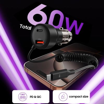 4. Ładowarka samochodowa CC05 2-porty PD60 W + kabel USB-C - czarna