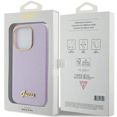 8. Etui Guess Glitter Glossy Script do iPhone 15 Pro - liliowe