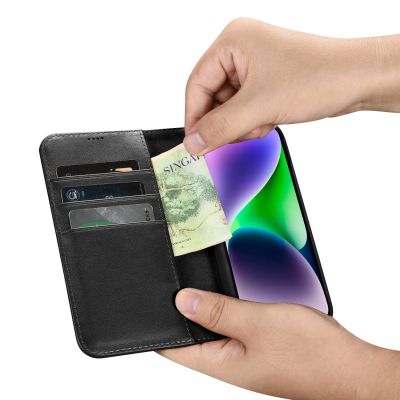13. iCarer Wallet Case 2in1 etui iPhone 14 Plus skórzany pokrowiec z klapką Anti-RFID czarny (WMI14220727-BK)