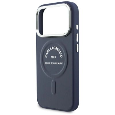 6. Etui Karl Lagerfeld Embossed Open Ring RSG Logo MagSafe na iPhone 18 Pro / 17 Pro - niebieskie
