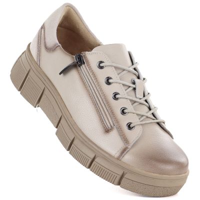 Skórzane półbuty damskie na platformie beżowe Cambell 26-19305