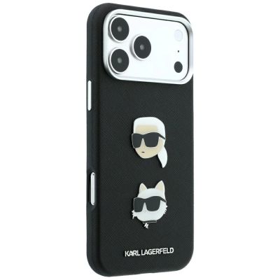 4. Etui Karl Lagerfeld Saffiano with Karl & Choupette Heads Pins & Logo na iPhone 18 Pro Max / 17 Pro Max - czarne