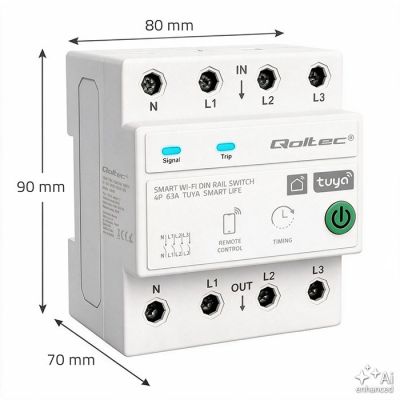 9. Qoltec Trójfazowy przekaźnik 63A na szynę DIN | 3P+N | Timer | Wi-Fi | Tuya | Smart Life | Amazon Alexa | 4P
